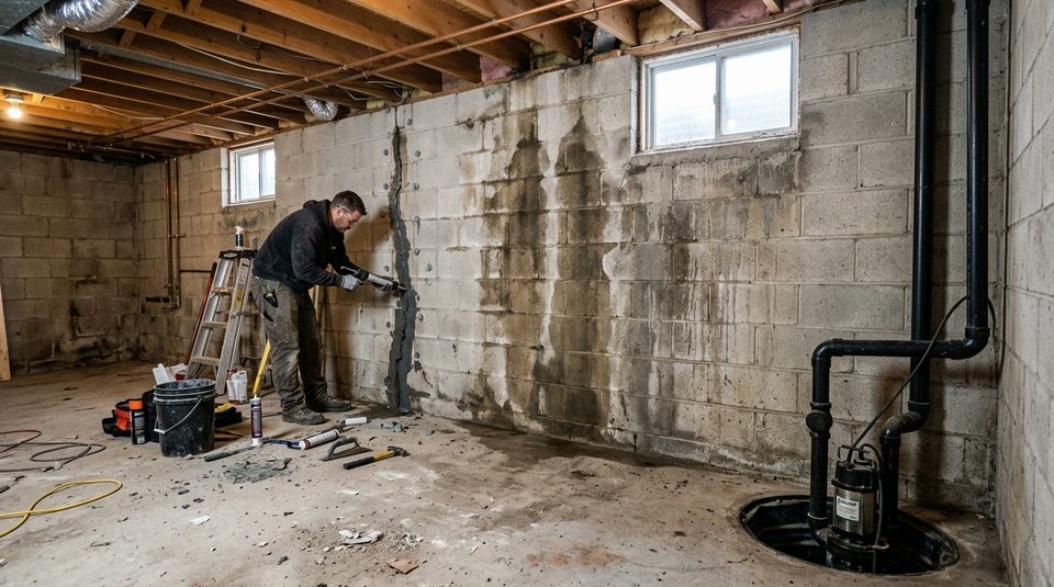 Basement foundation wall showing crack repair and sump pump installation in Renfrew County, Ontario